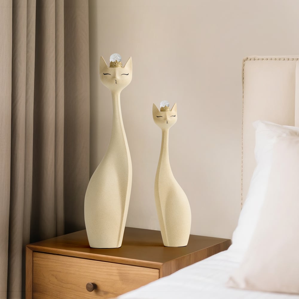 Beige Resin Cat Figurine Set – 31.5" & 24" with Crystal Crowns