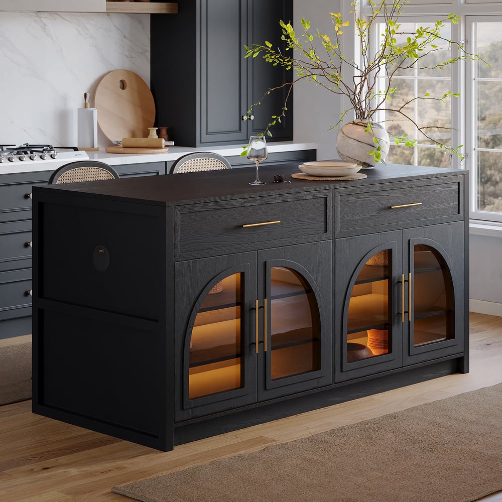 Arune 71" Modern Style Black Kitchen Islands with with Glass Doors & Drawers