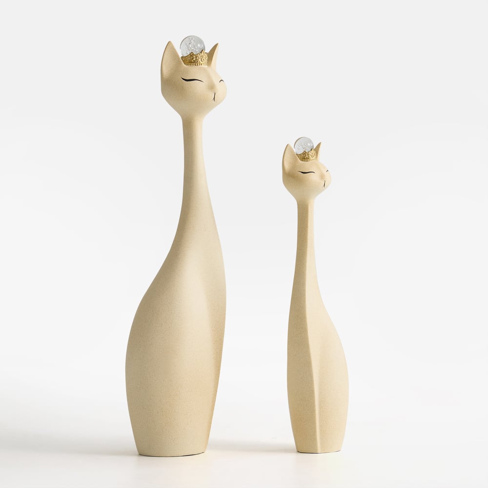 Beige Resin Cat Figurine Set – 31.5" & 24" with Crystal Crowns