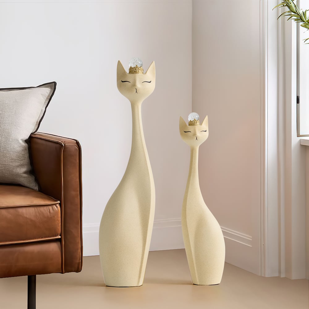 Beige Resin Cat Figurine Set – 31.5" & 24" with Crystal Crowns