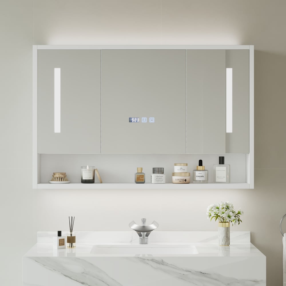39" White LED Medicine Cabinet with Adjustable Lighting, Demister & Digital Clock window image