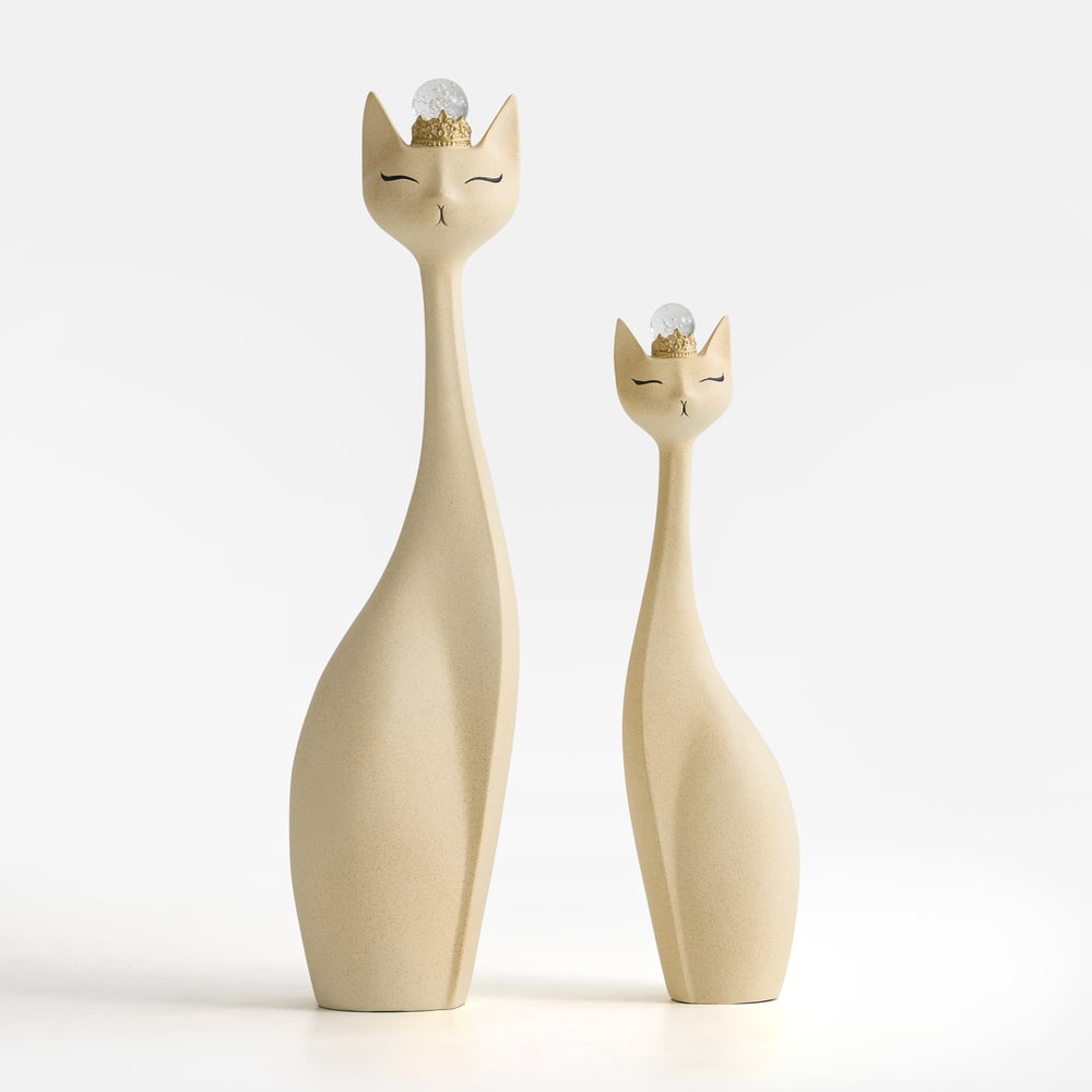 Beige Resin Cat Figurine Set – 31.5" & 24" with Crystal Crowns