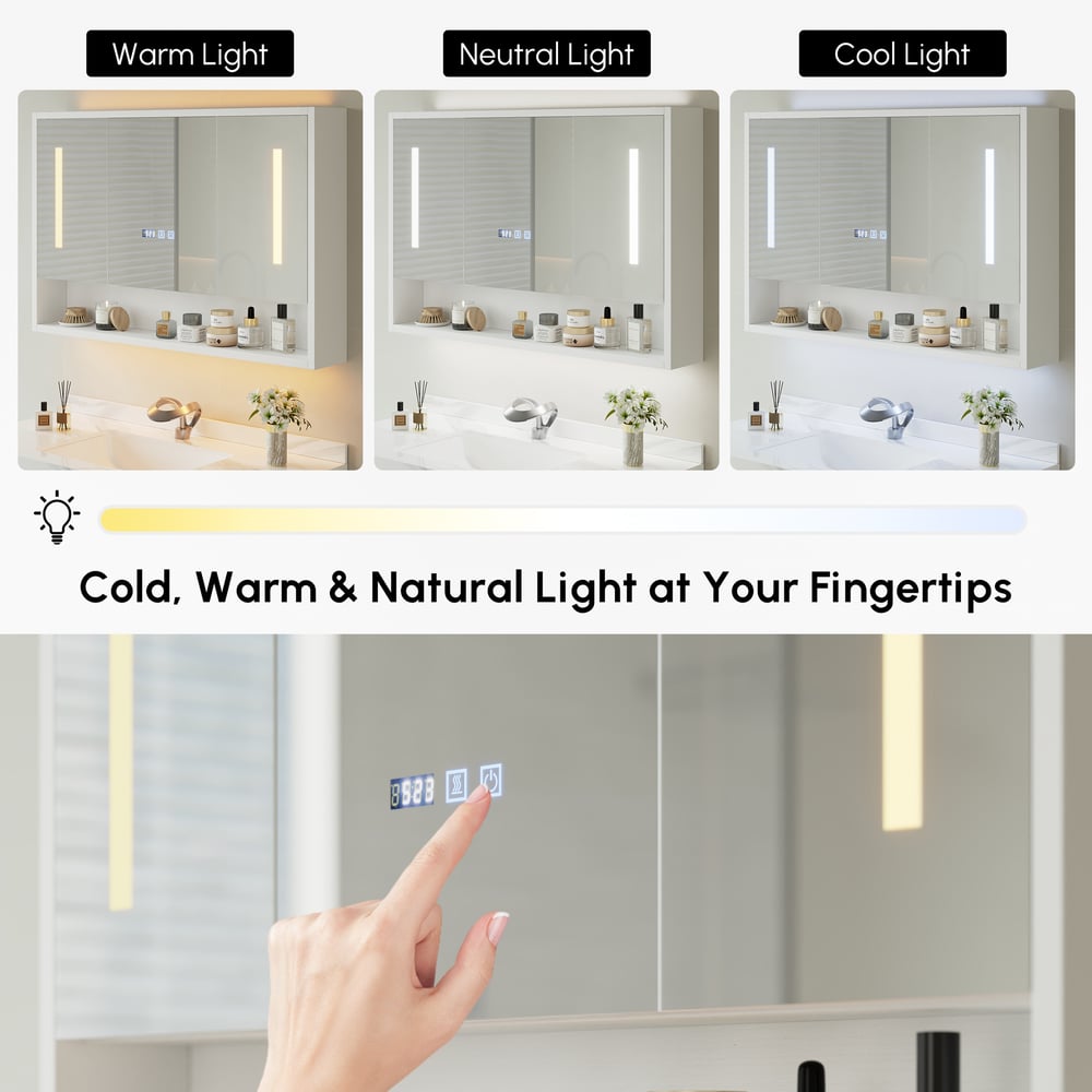 39" White LED Medicine Cabinet with Adjustable Lighting, Demister & Digital Clock window image