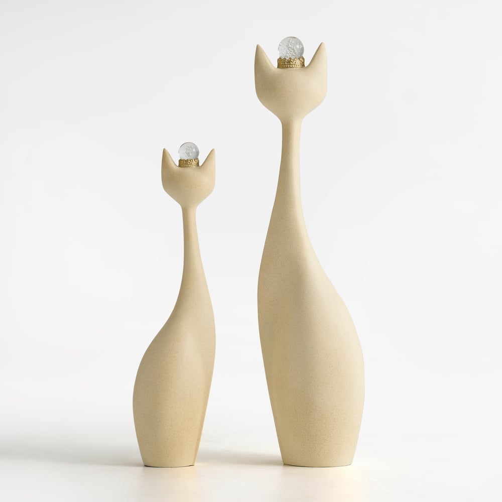 Beige Resin Cat Figurine Set – 31.5" & 24" with Crystal Crowns