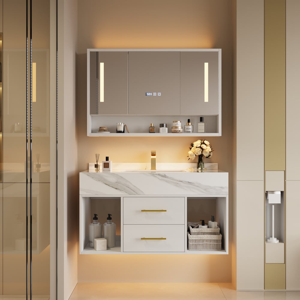 39" White LED Medicine Cabinet with Adjustable Lighting, Demister & Digital Clock window image