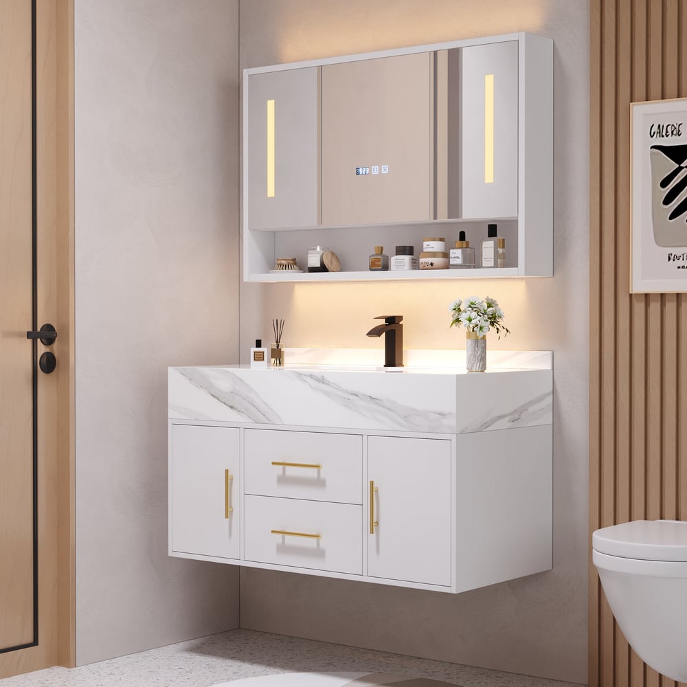 39" White LED Medicine Cabinet with Adjustable Lighting, Demister & Digital Clock window image