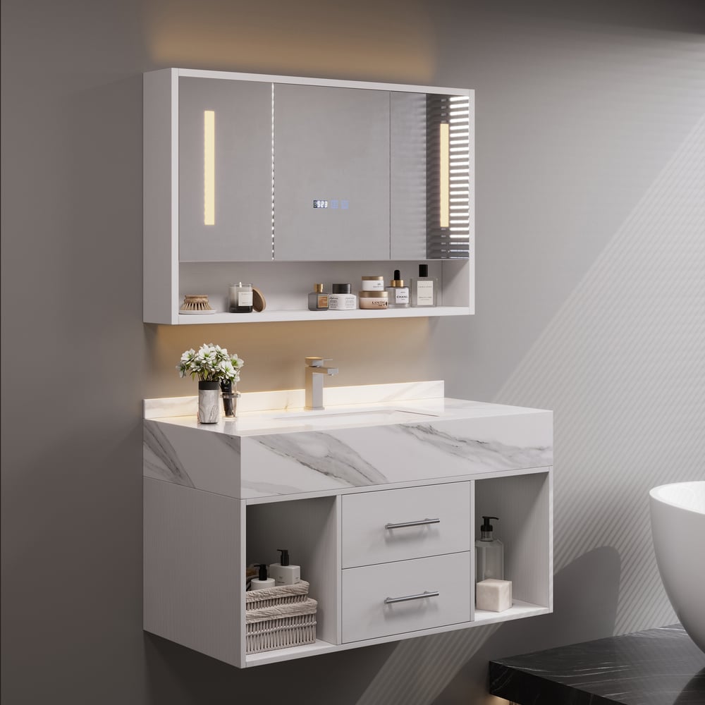 39" White LED Medicine Cabinet with Adjustable Lighting, Demister & Digital Clock window image