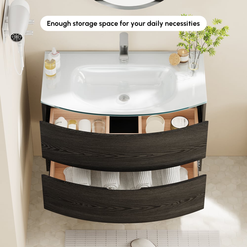 Modern 31.5" Floating Bathroom Vanity with One-piece Glass Basin 2 Drawers in Black window image