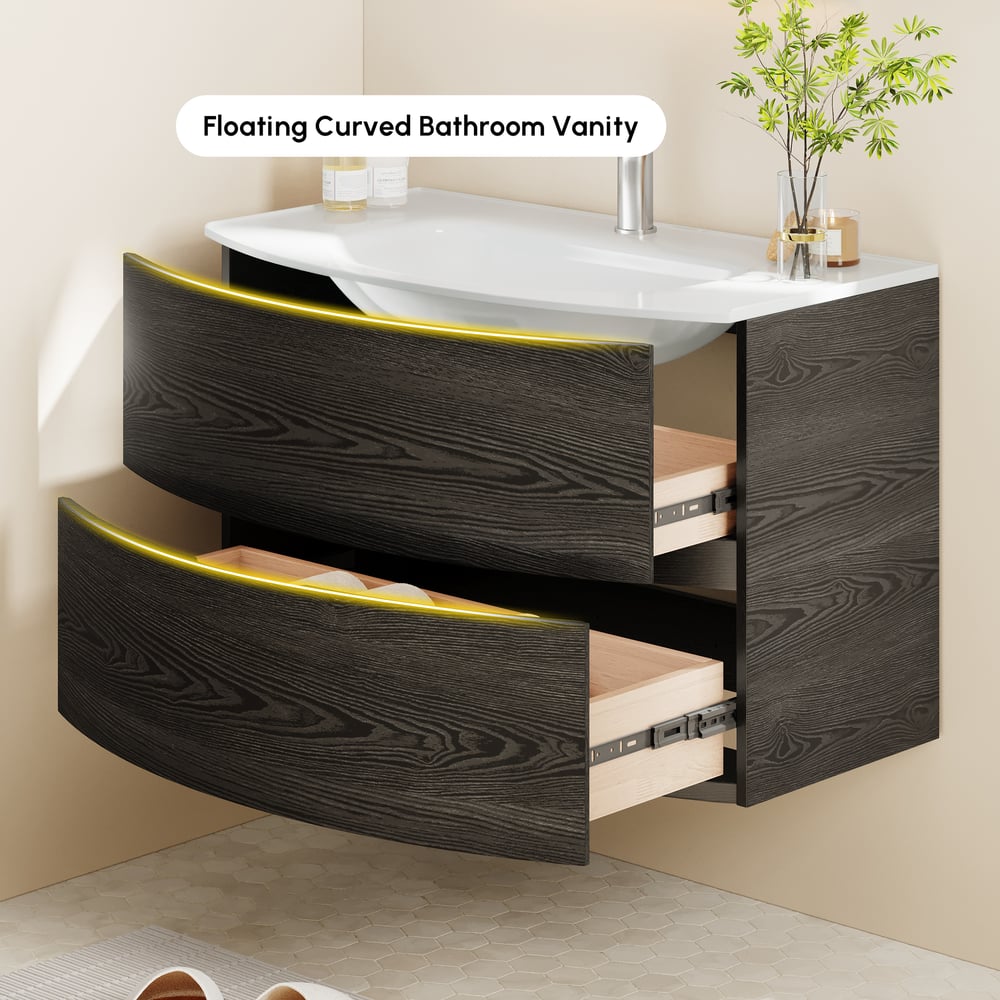 Modern 31.5" Floating Bathroom Vanity with One-piece Glass Basin 2 Drawers in Black window image