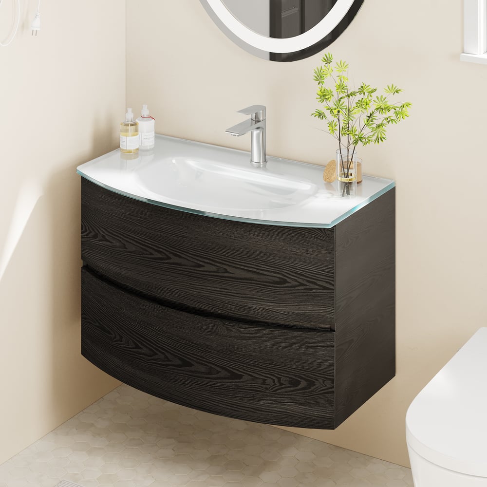 Modern 31.5" Floating Bathroom Vanity with One-piece Glass Basin 2 Drawers in Black window image