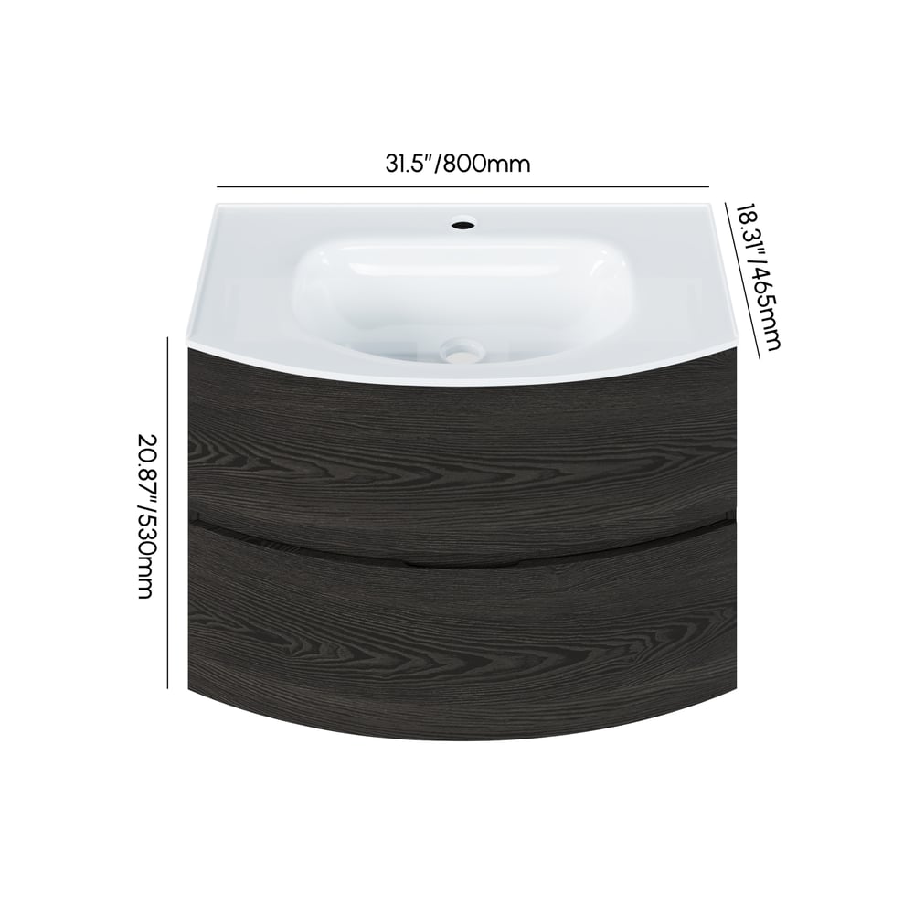 Modern 31.5" Floating Bathroom Vanity with One-piece Glass Basin 2 Drawers in Black weights dimensions image