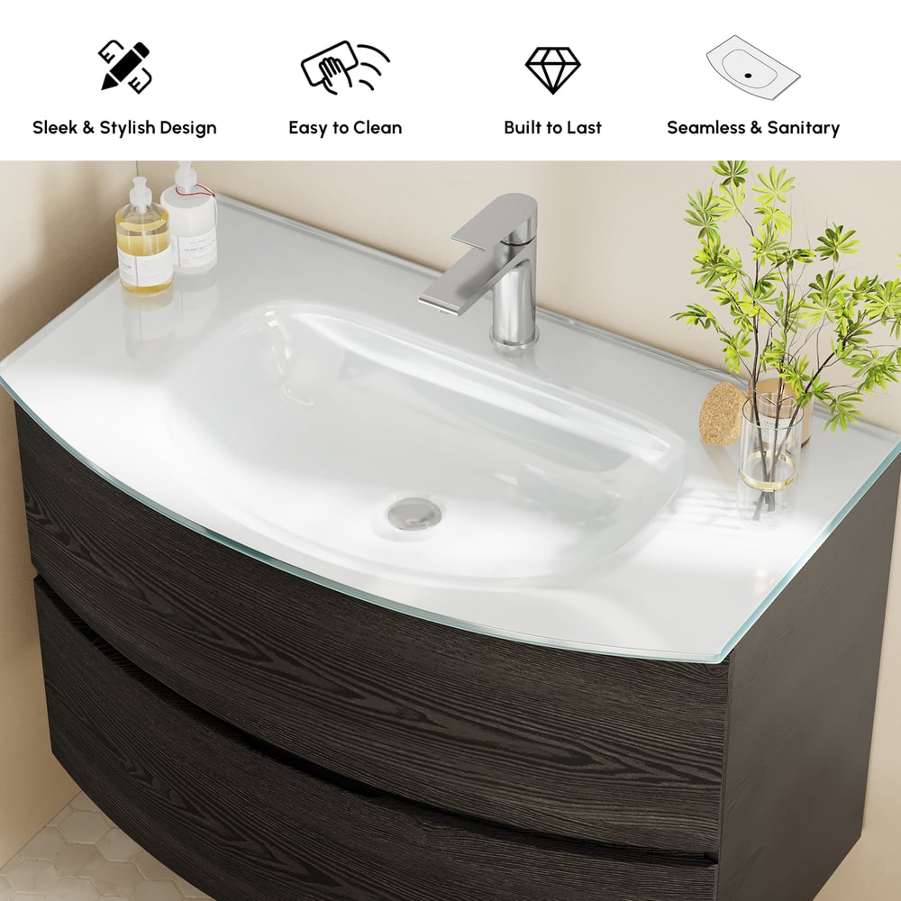 Modern 31.5" Floating Bathroom Vanity with One-piece Glass Basin 2 Drawers in Black window image