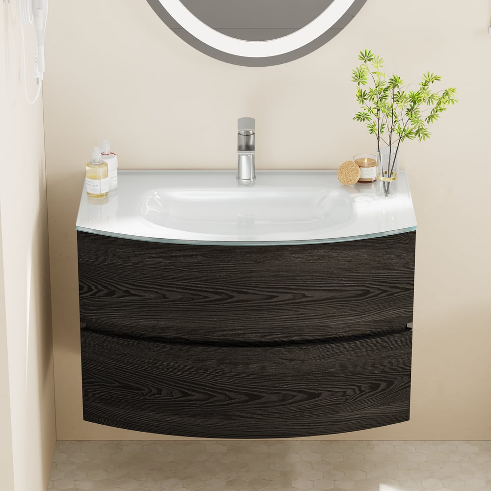 Modern 31.5" Floating Bathroom Vanity with One-piece Glass Basin 2 Drawers in Black window image