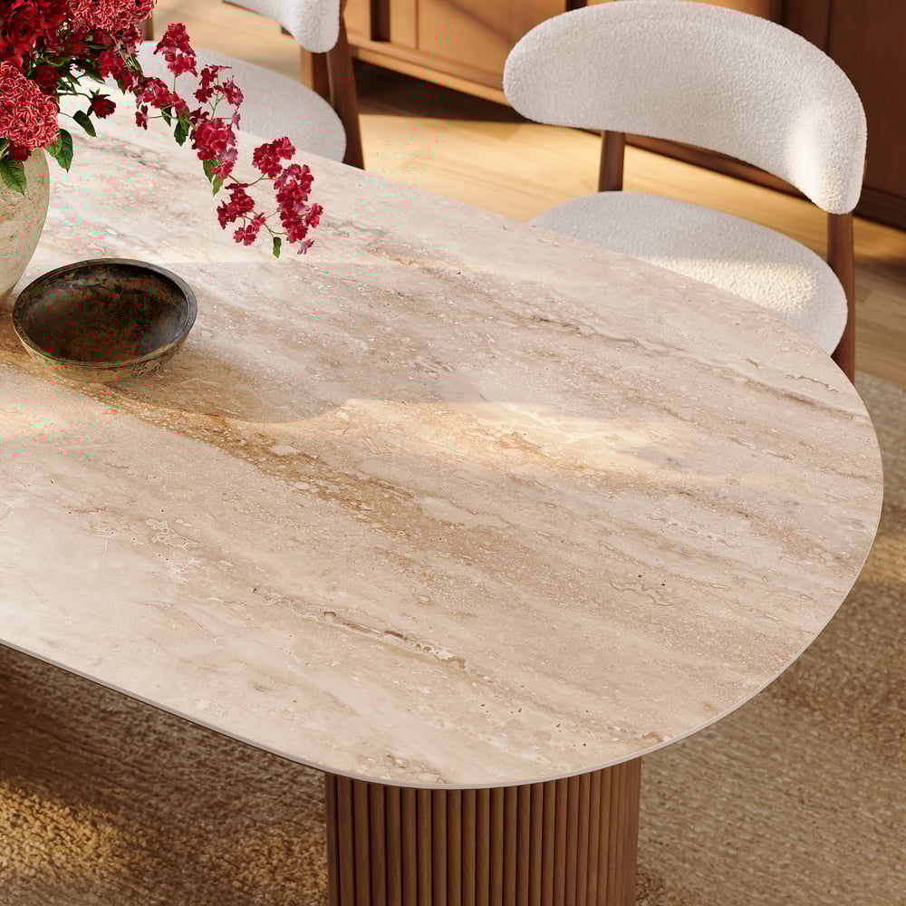 71" Faux Travertine Oval Dining Table with Fluted Base & Storage