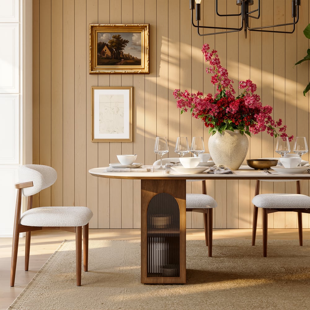 71" Faux Travertine Oval Dining Table with Fluted Base & Storage