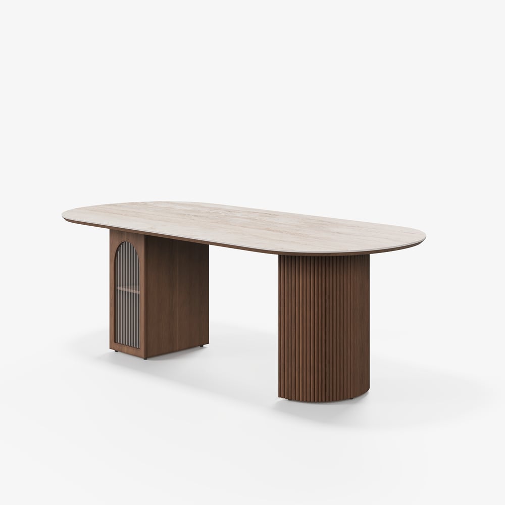 71" Faux Travertine Oval Dining Table with Fluted Base & Storage