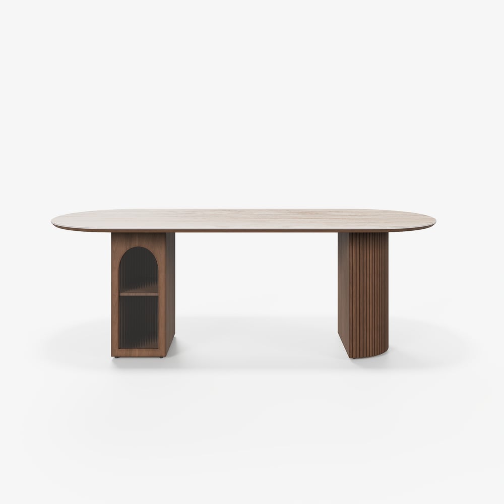 71" Faux Travertine Oval Dining Table with Fluted Base & Storage