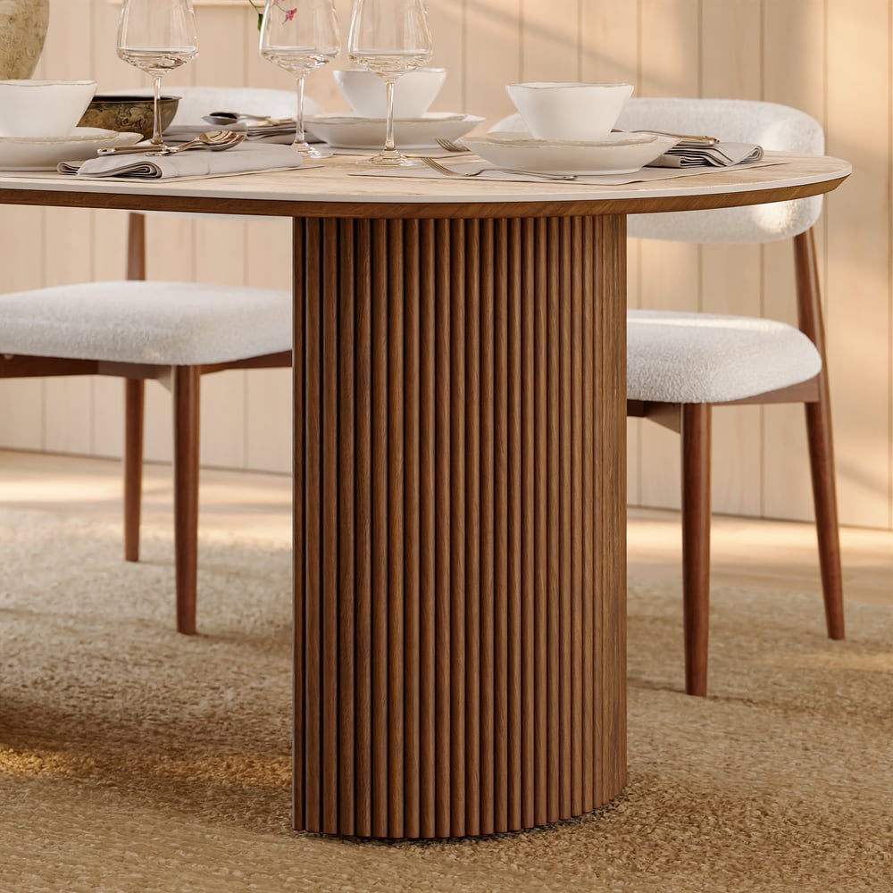 71" Faux Travertine Oval Dining Table with Fluted Base & Storage