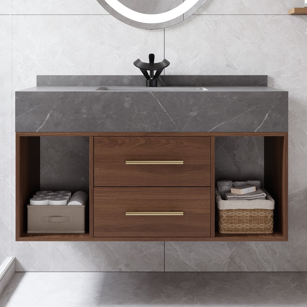 39.4" Floating Bathroom Vanity with Sintered Stone Vessel Sink Walnut window image