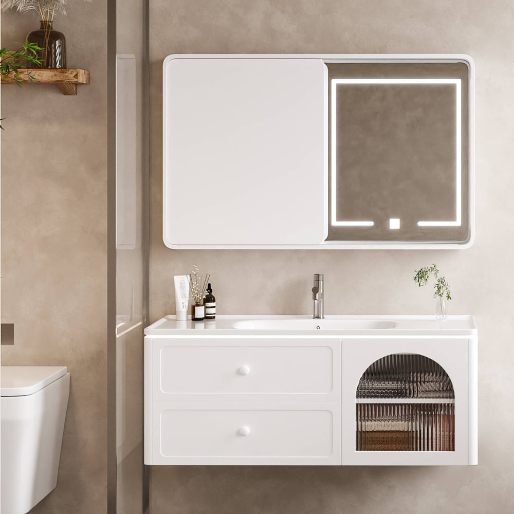 Armoire miroir salle de bain LED 120 cm avec portes coulissantes et rangements image de fenêtre