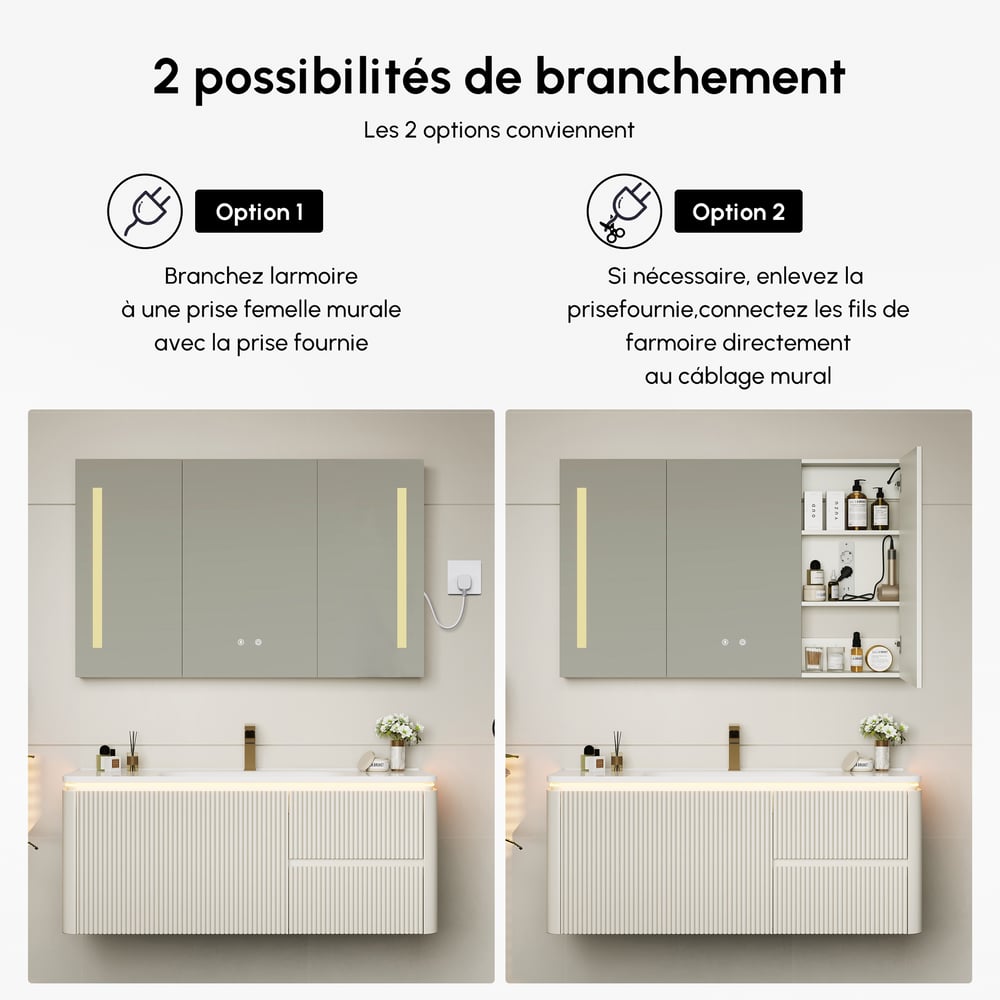 Armoire miroir salle de bain LED 120 cm avec éclairage et rangements intégrés image de fenêtre