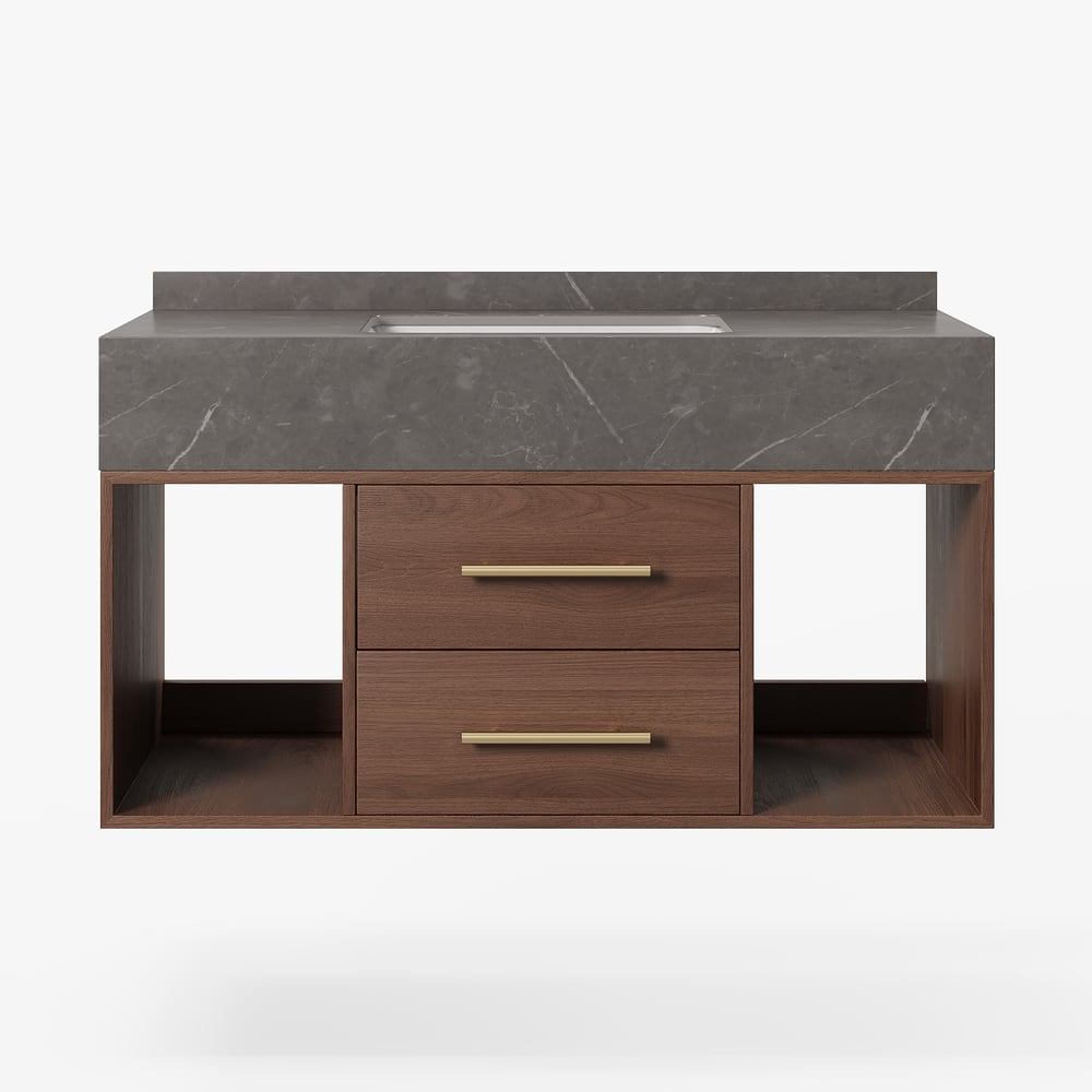 39.4" Floating Bathroom Vanity with Sintered Stone Vessel Sink Walnut window image