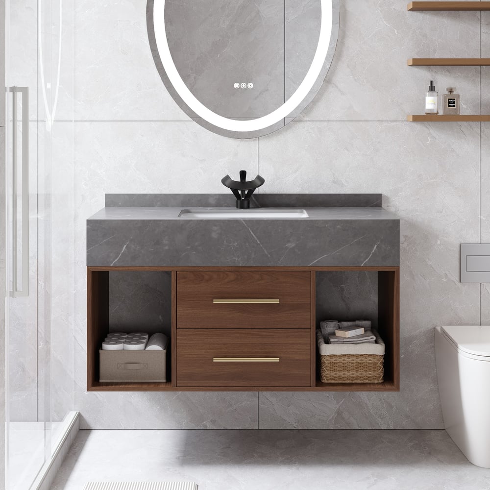 39.4" Floating Bathroom Vanity with Sintered Stone Vessel Sink Walnut window image