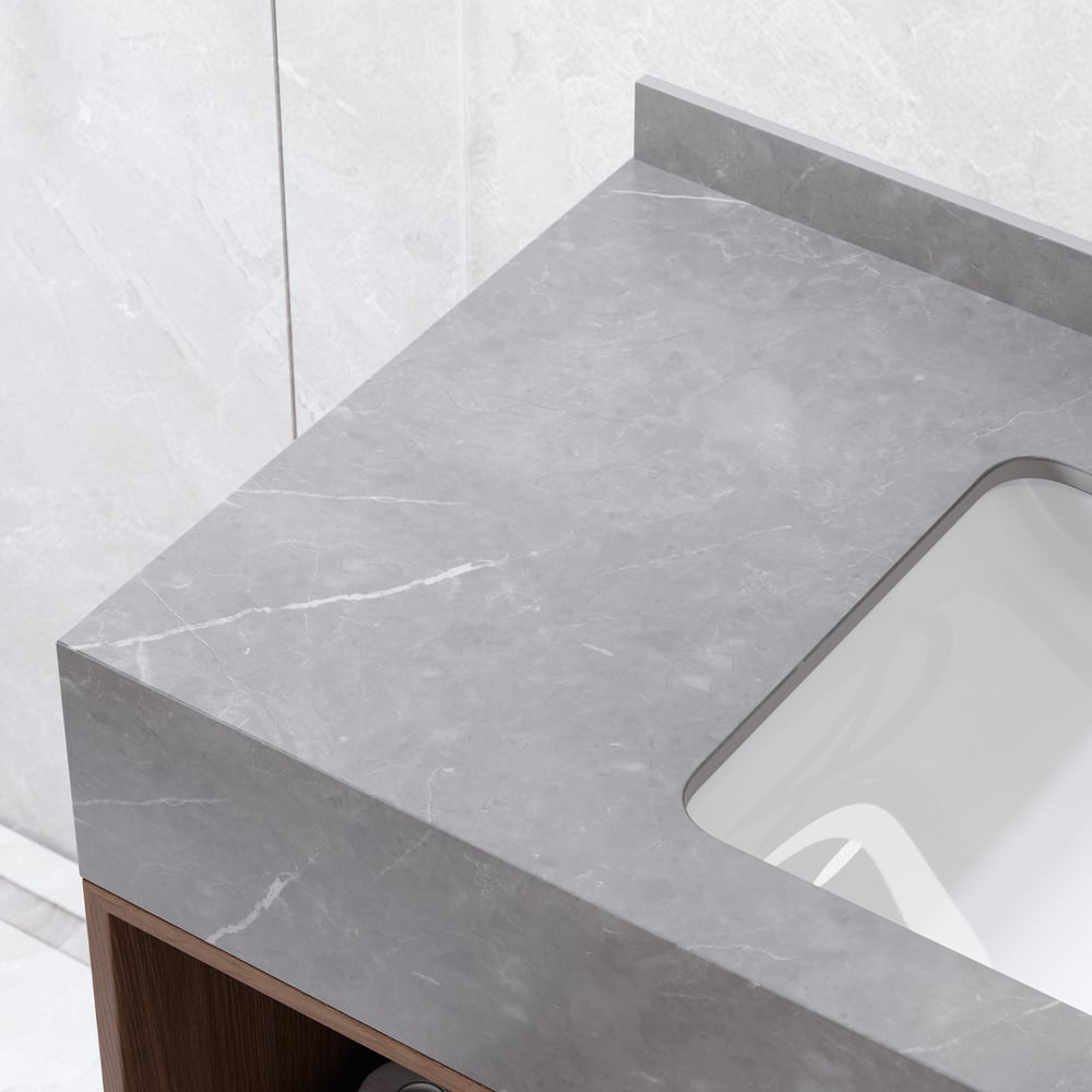 39.4" Floating Bathroom Vanity with Sintered Stone Vessel Sink Walnut window image