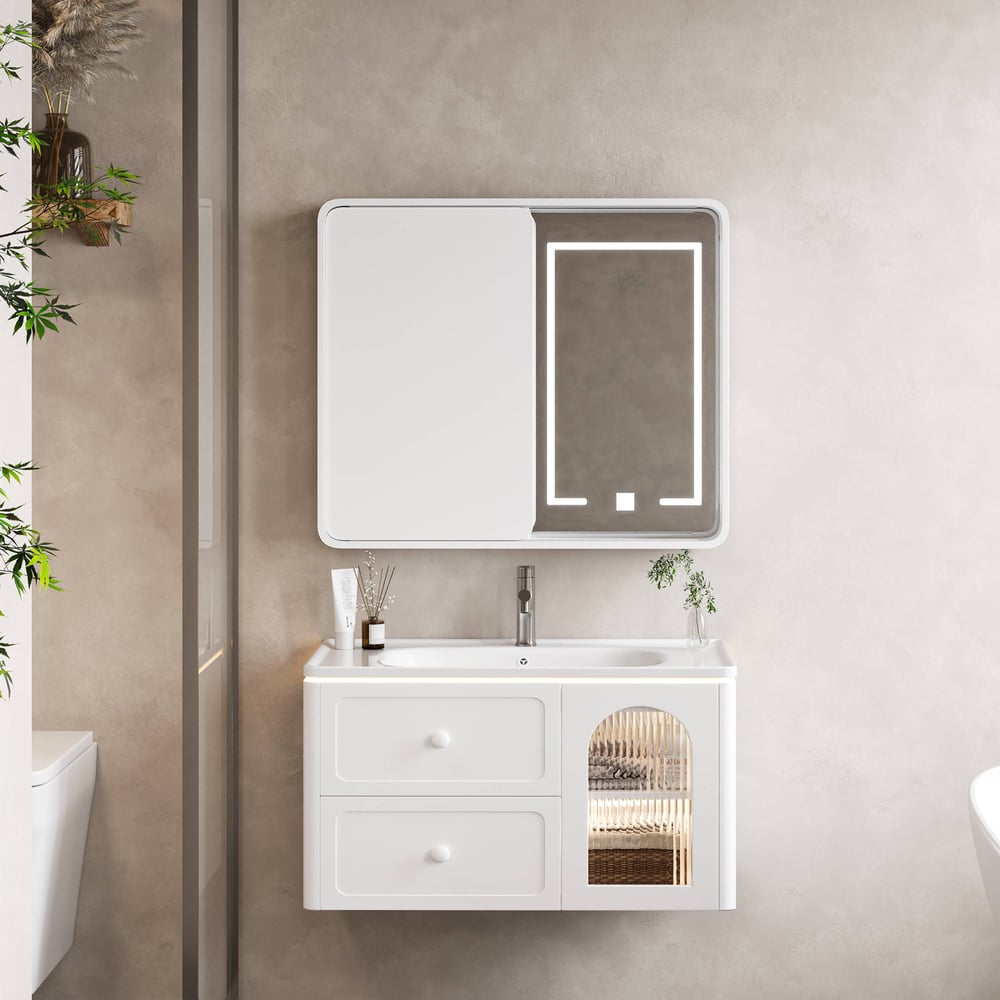 80cm LED bathroom mirror cabinet with sliding door and hidden storage window image