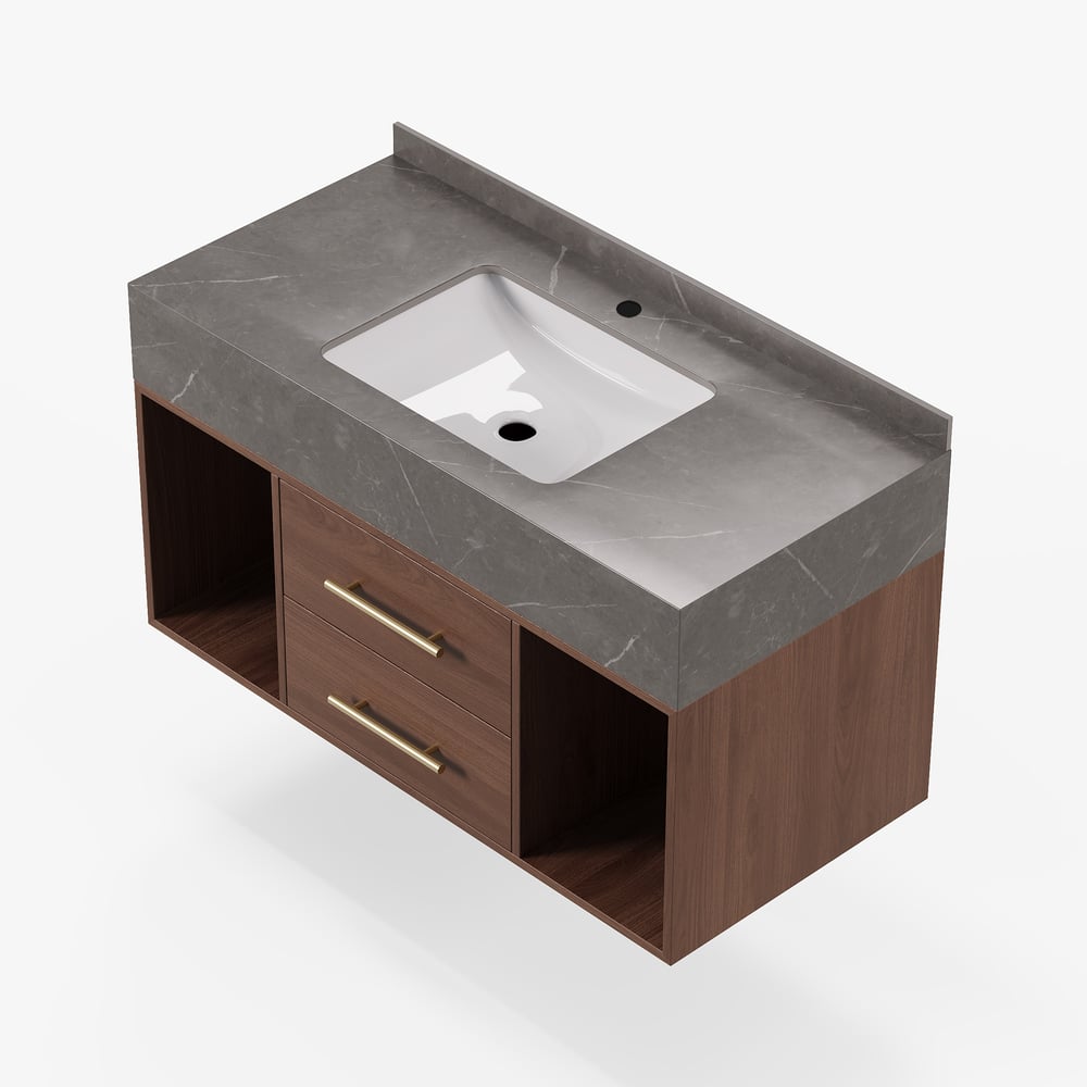 39.4" Floating Bathroom Vanity with Sintered Stone Vessel Sink Walnut window image