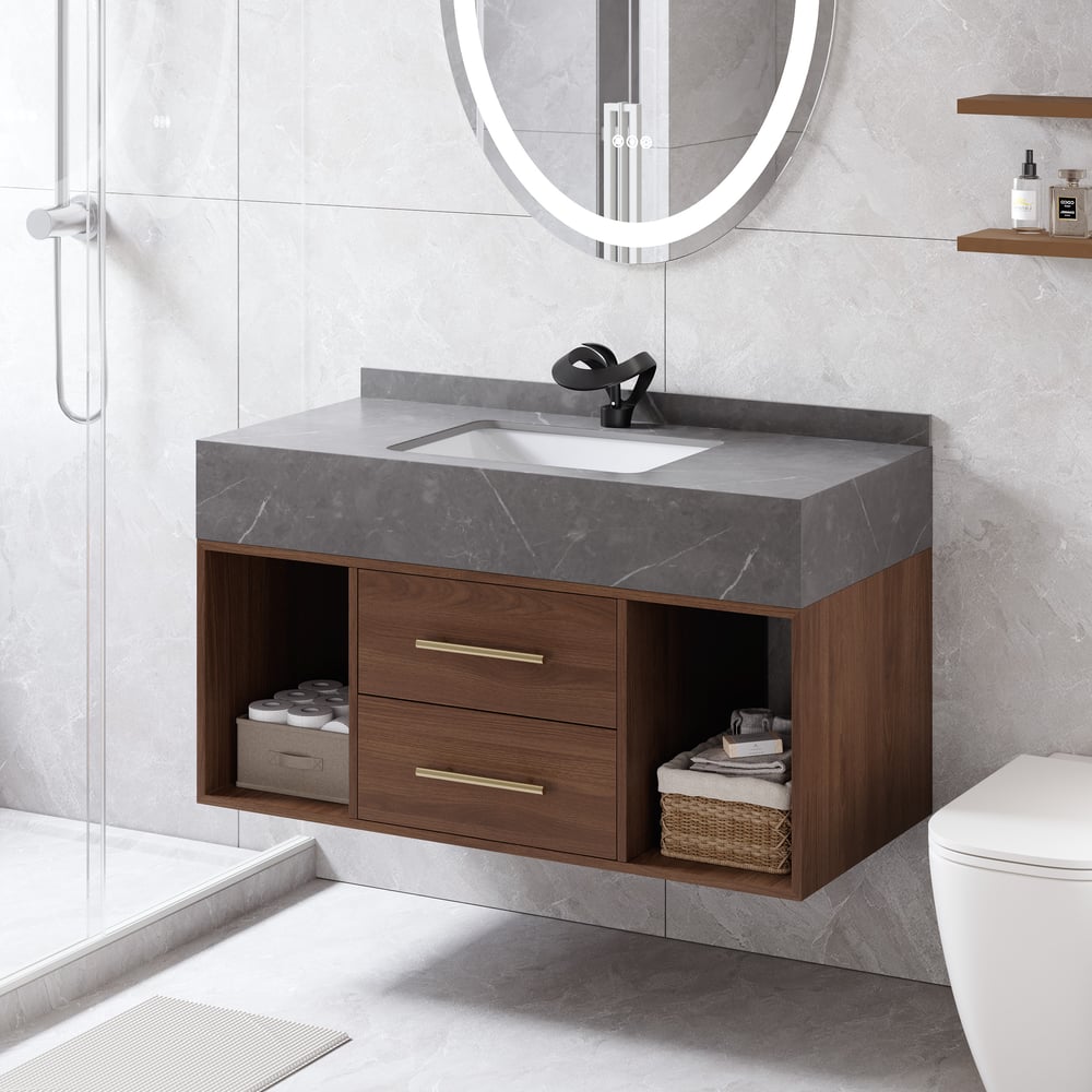 39.4" Floating Bathroom Vanity with Sintered Stone Vessel Sink Walnut window image