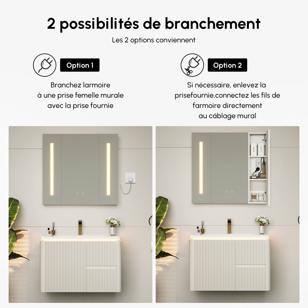 Armoire miroir salle de bain LED 80 cm avec prises, ports & éclairage antibuée image de fenêtre