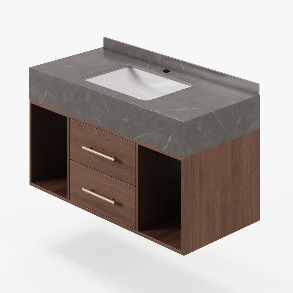 39.4" Floating Bathroom Vanity with Sintered Stone Vessel Sink Walnut window image