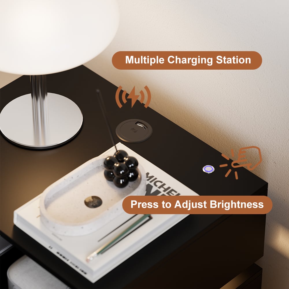 Smart black LED bedside table with wireless charging station and light window image