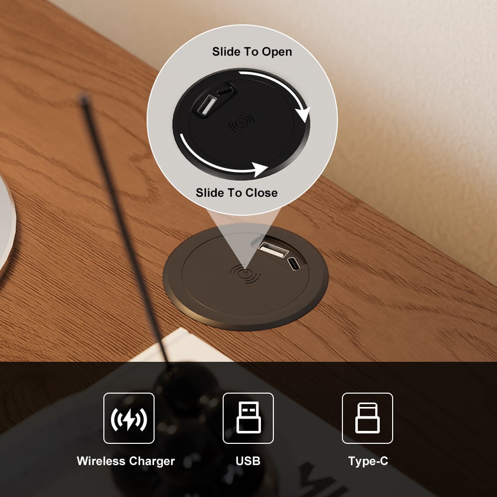 Table de chevet intelligente à LED Walnut avec station de recharge sans fil et lampe image de fenêtre