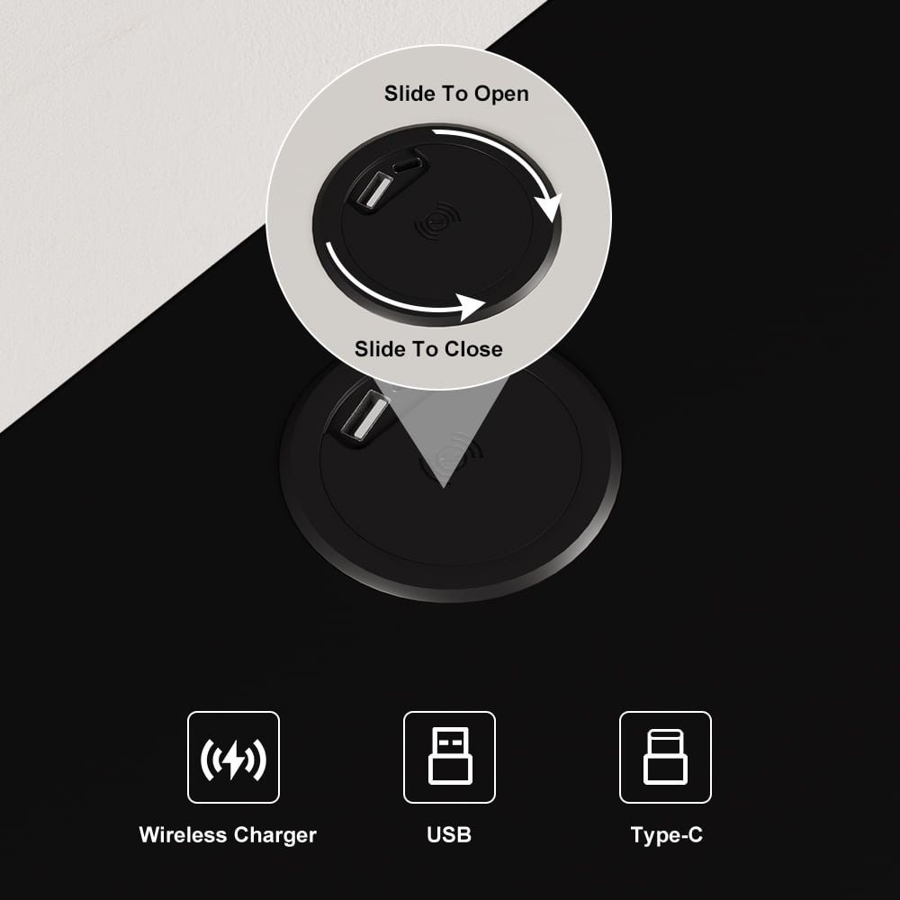 Mesa de cabeceira LED preta inteligente com estação de carregamento sem fio e luz Imagem da janela