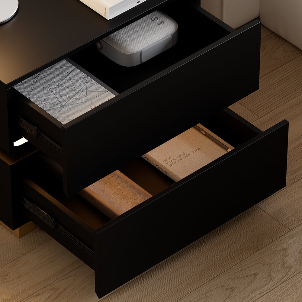 Inteligentní černý LED noční stolek s bezdrátovou nabíjecí stanicí a světlem obrázek okna