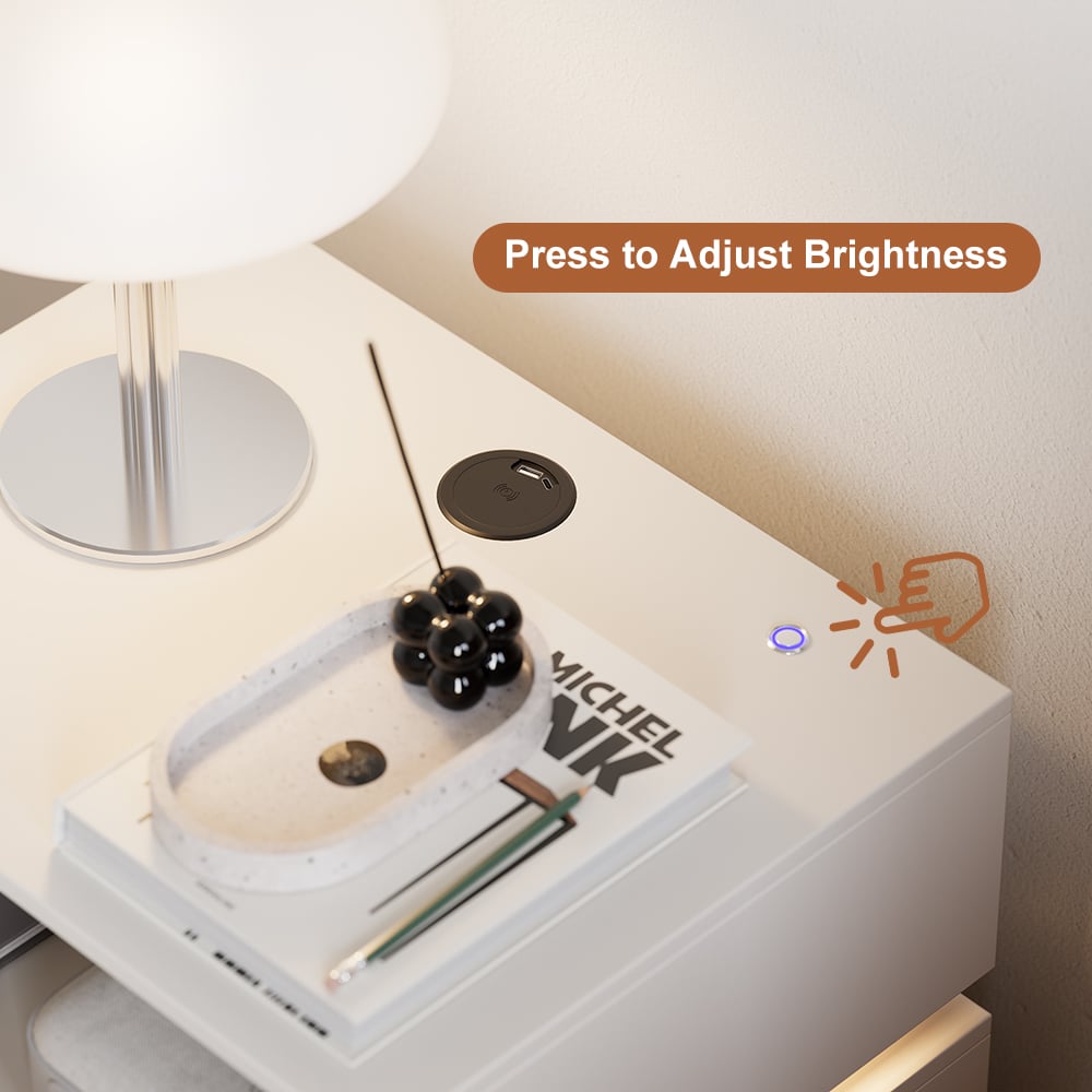 Table de chevet intelligente à LED blanche avec station de recharge sans fil et lampe image de fenêtre