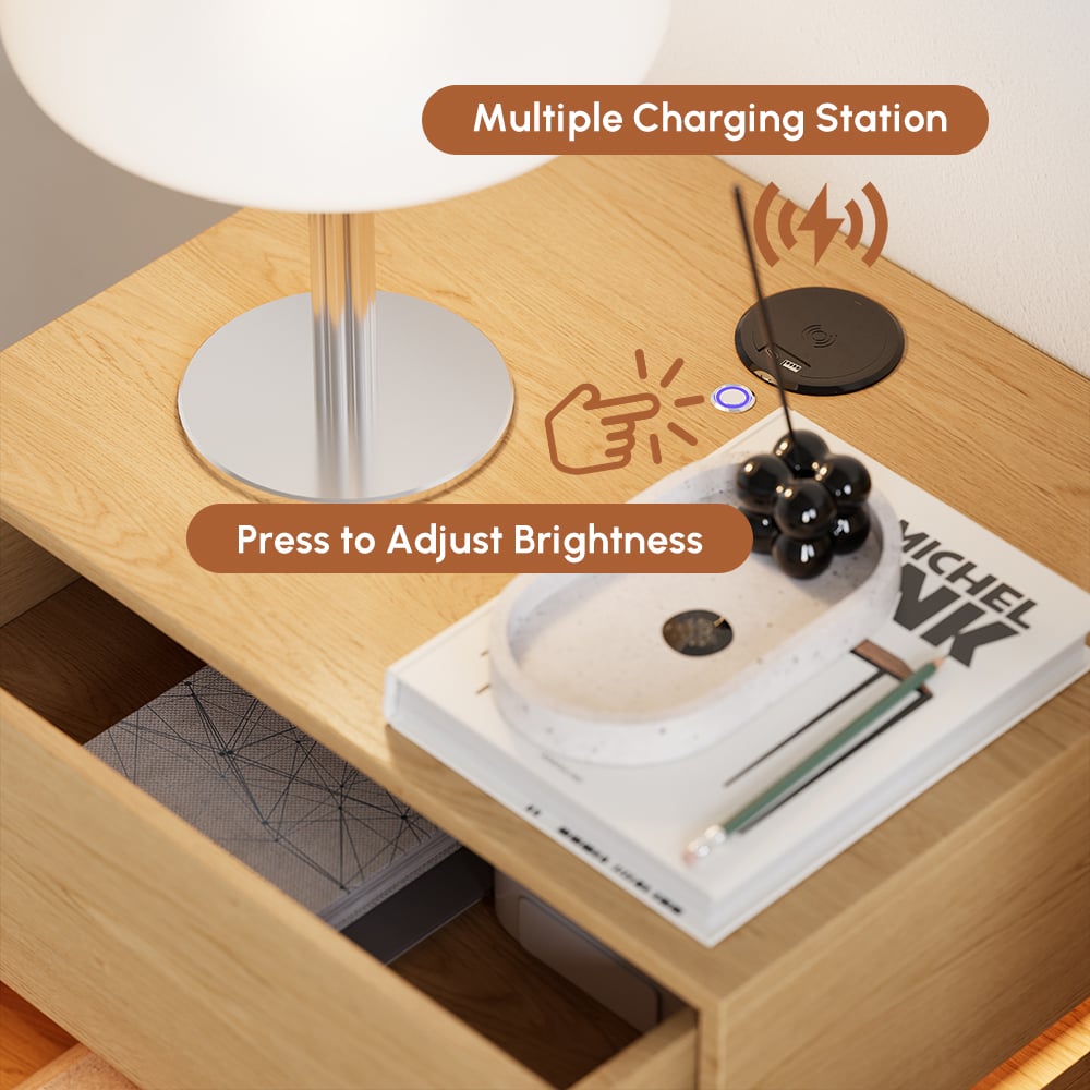 Lumio floating LED bedside table with 2 drawers, charging station and light - natural window image