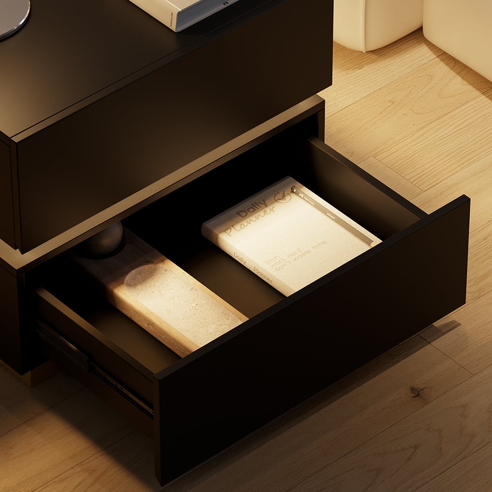 Smart black LED bedside table with wireless charging station and light window image