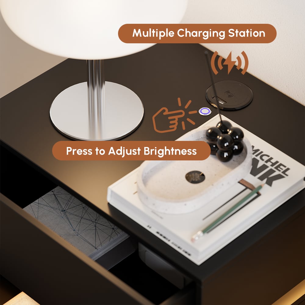 Lumio floating LED bedside table with 2 drawers, charging station and light - black window image