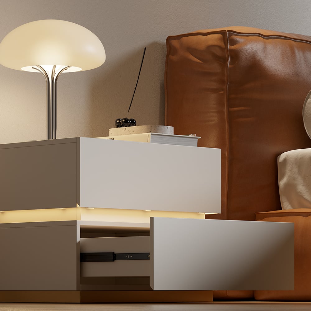 Smart white LED bedside table with wireless charging station and light window image