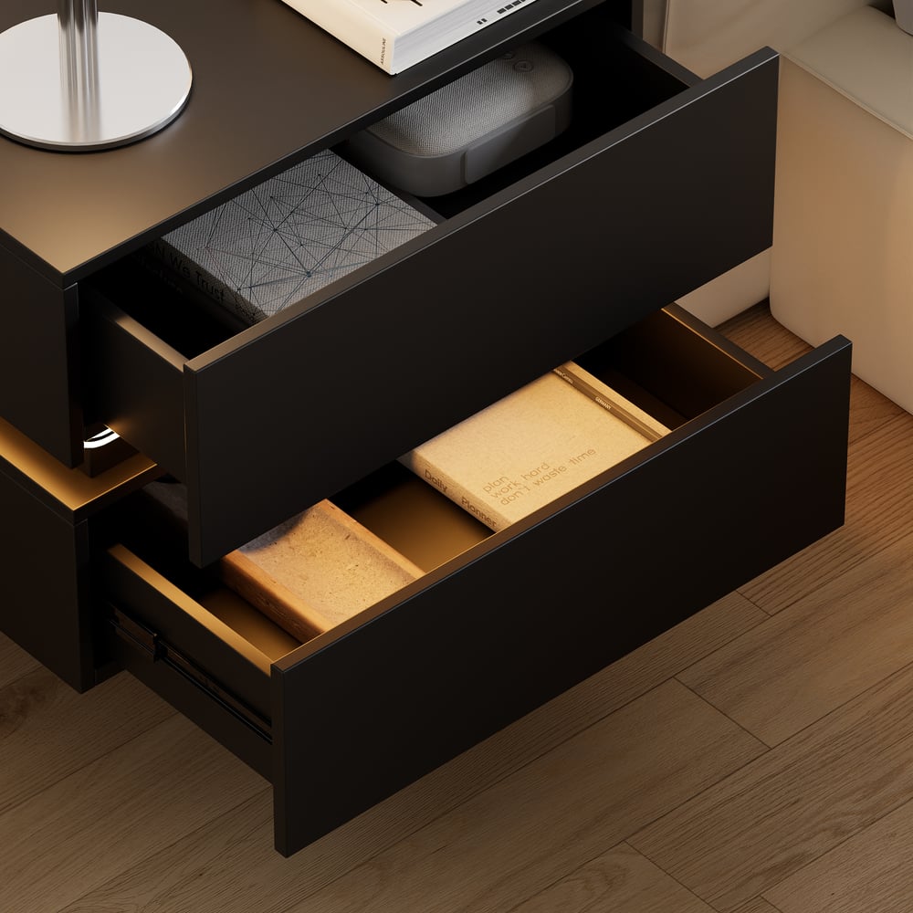 Lumio floating LED bedside table with 2 drawers, charging station and light - black window image