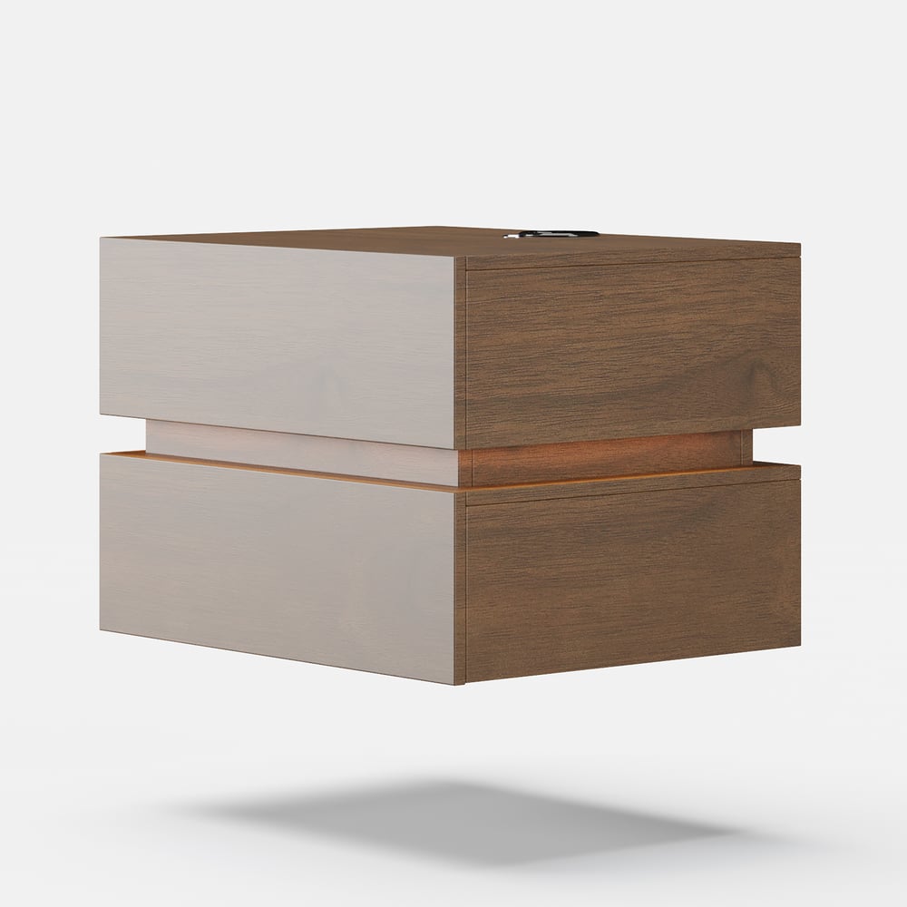 Table de chevet LED flottante Lumio avec 2 tiroirs, station de recharge et lampe - noyer image de fenêtre