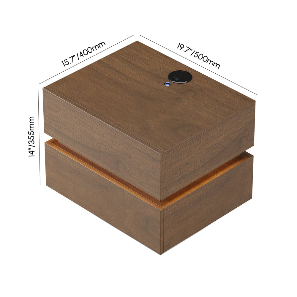 Table de chevet LED flottante Lumio avec 2 tiroirs, station de recharge et lampe - noyer Poids, dimensions, image