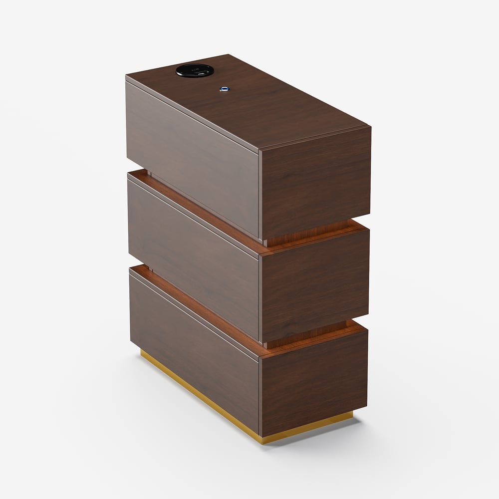 Mesa de cabeceira LED estreita Lumio com 3 gavetas, estação de carregamento e luz - nogueira Imagem da janela