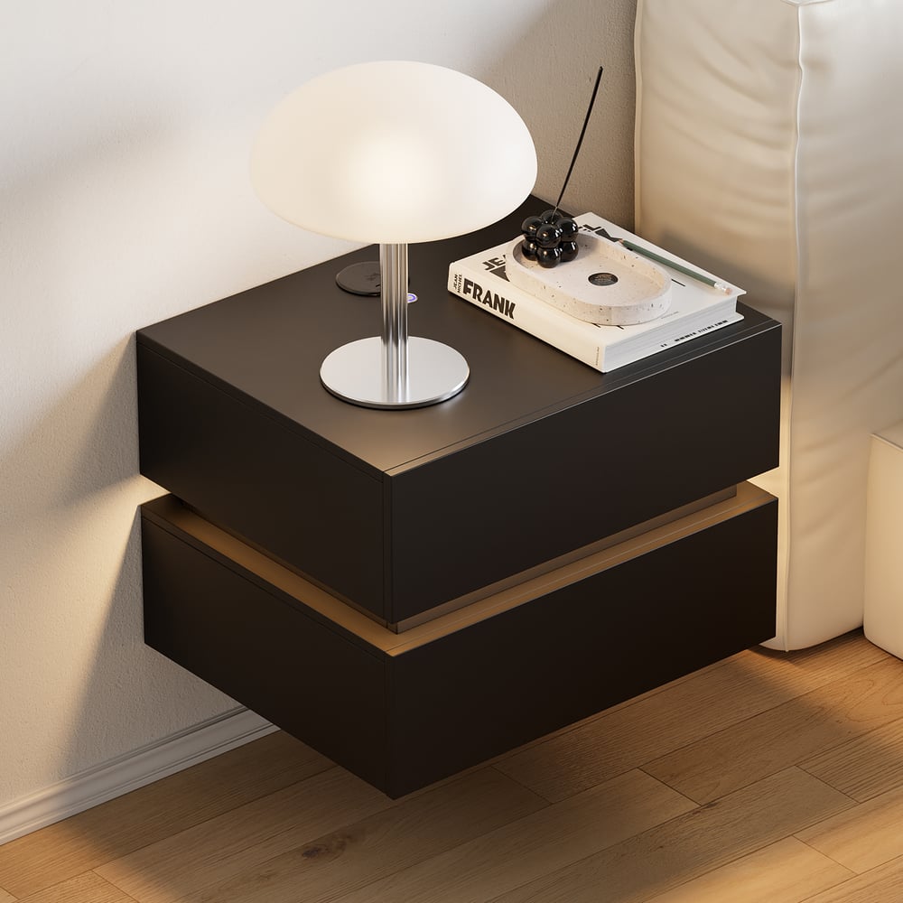 Lumio floating LED bedside table with 2 drawers, charging station and light - black window image