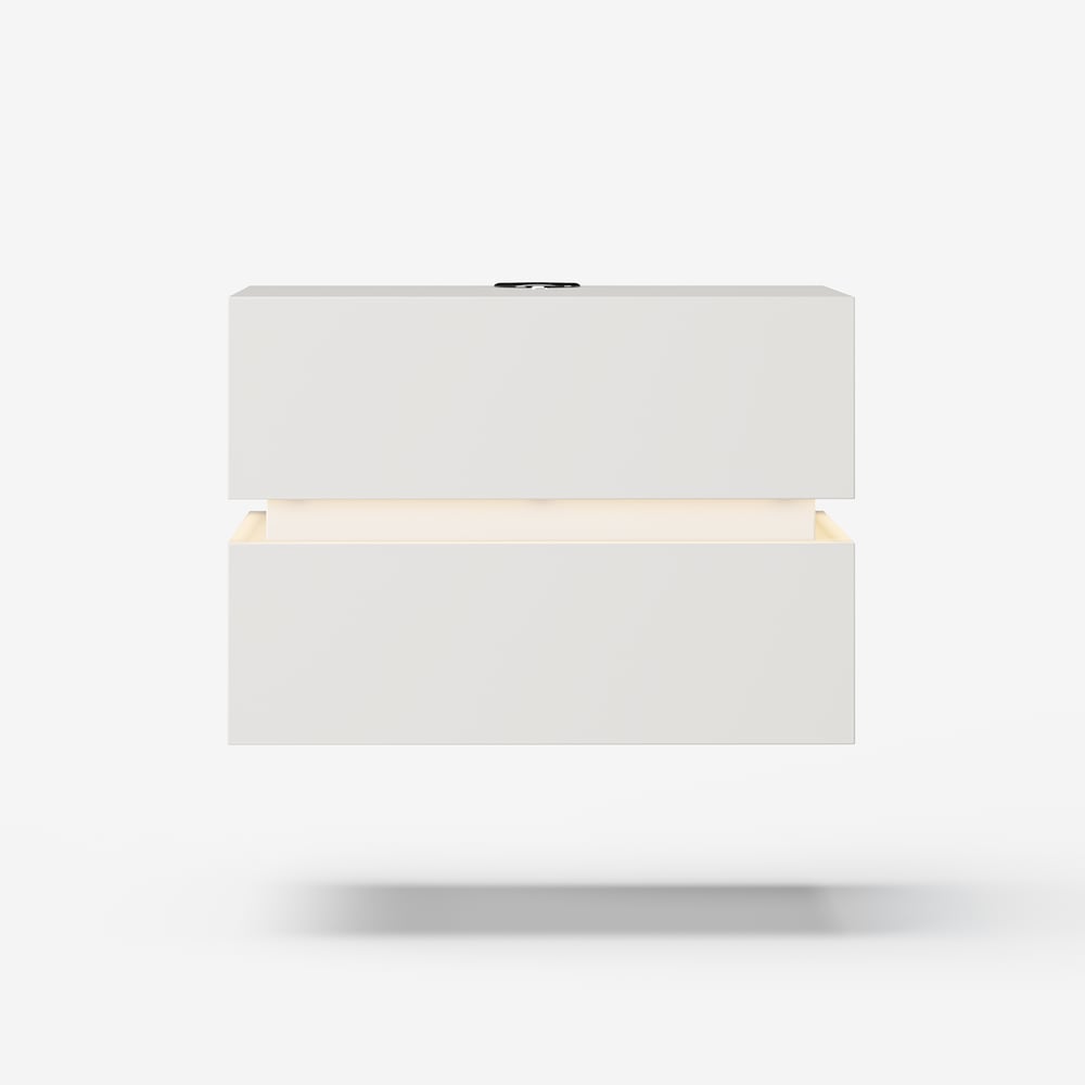 Mesa de cabeceira LED flutuante Lumio com 2 gavetas, estação de carregamento e luz - branca Imagem da janela