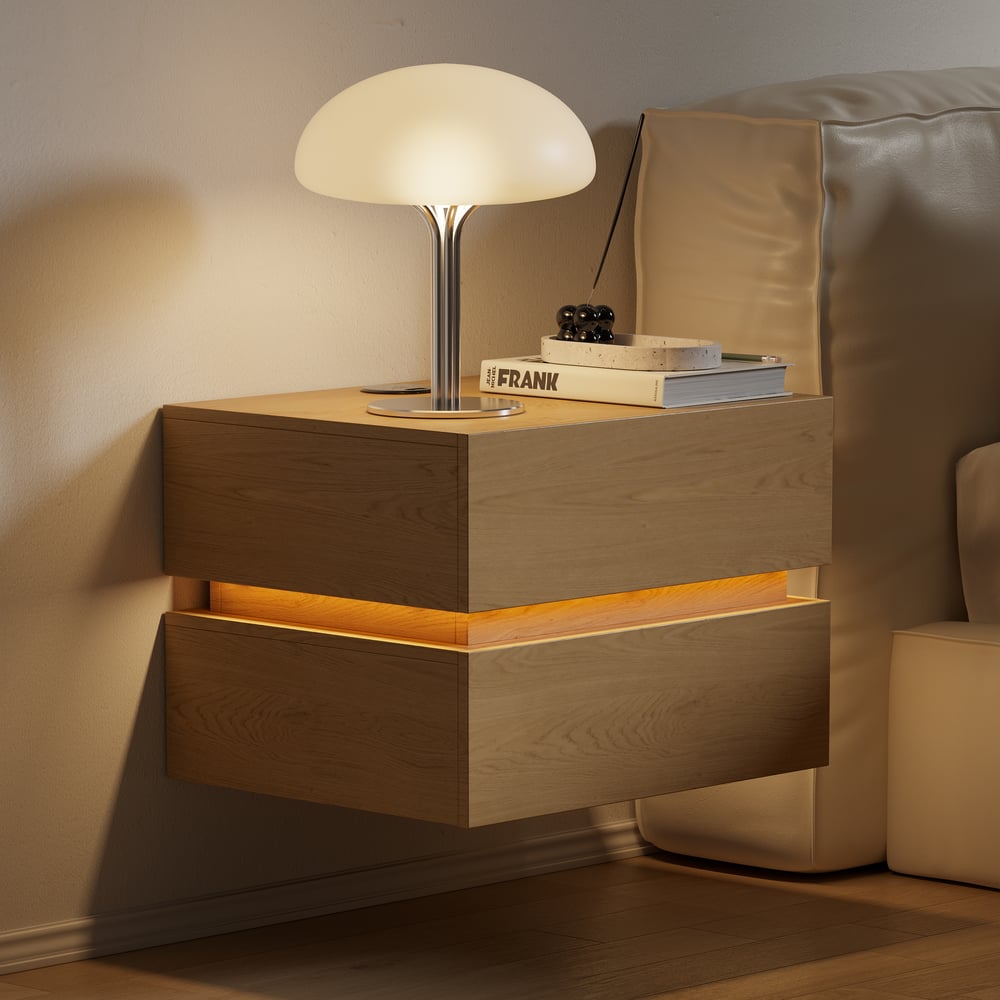 Lumio floating LED bedside table with 2 drawers, charging station and light - natural window image