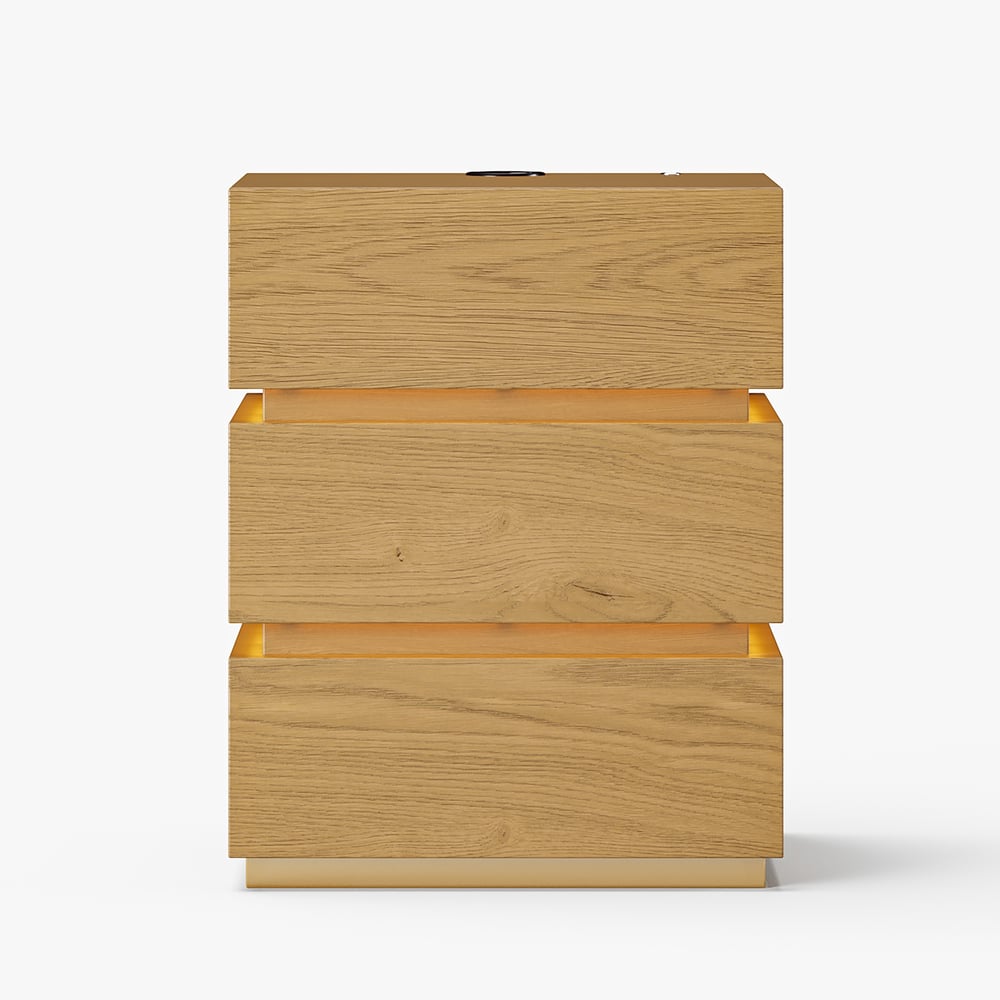 Lumio Smart LED Bedside Table with 3 Drawers, Charging Station and Light - Natural